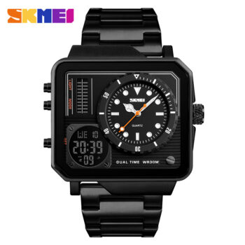 Skmei 1392 Luxury Watches Big Square Dual Time Chrono Clock Stainless Steel Waterproof Sports Men Digital Quartz