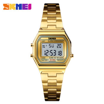 SKMEI 1415 Watch for Women’s Watch Digital Movement Calendar Stainless Steel Band 30M Waterproof Wristwatch-gold