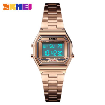 SKMEI 1415 Watch for Women’s Watch Digital Movement Calendar Stainless Steel Band 30M Waterproof Wristwatch-rose gold