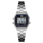 SKMEI 1415 Watch for Women’s Watch Digital Movement Calendar Stainless Steel Band 30M Waterproof Wristwatch-silver