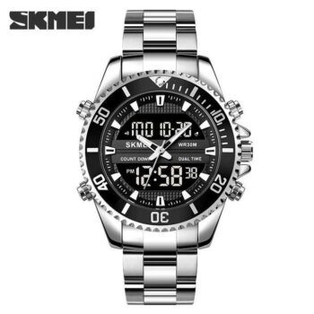 Skmei 1850 Three Time Dual Movement Waterproof Multifunction mens Watch- silver black