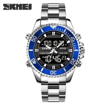 Skmei 1850 Three Time Dual Movement Waterproof Multifunction mens Watch- blue edge