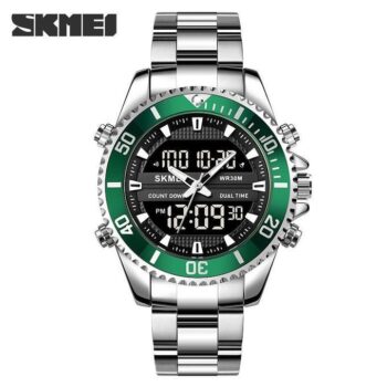 Skmei 1850 Three Time Dual Movement Waterproof Multifunction mens Watch- green edge