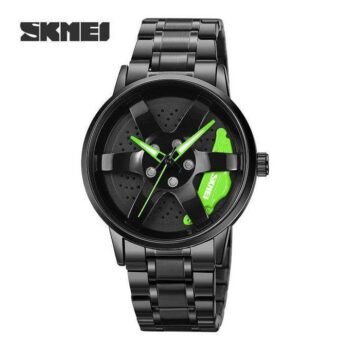skmei 1990 Rolling Quartz Spinning Car Wheel stainless mens Watch-green pad