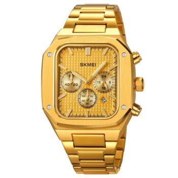 Skmei 2201 Sport Chronograph Stainless Steel Water Resistant Stopwatch Calendar Quartz Watch-gold