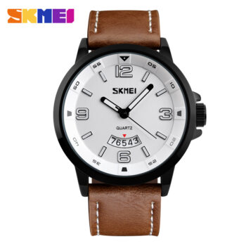 skmei 9115 genuine leather waterproof quartz watch-brown white